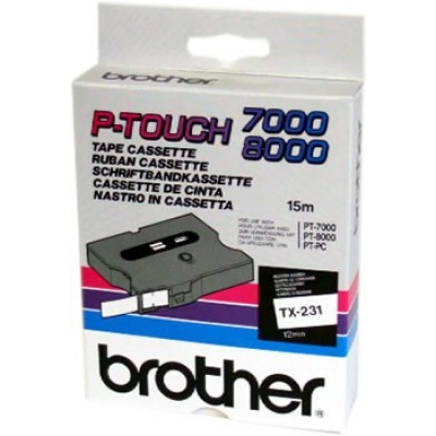 Brother TX-231, 12mm x 15m, černý tisk / bílý podklad, originální páska