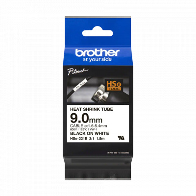 Brother HSe-221E Pro Tape, 9 mm x 1.5 m, černý tisk / bílý podklad, originální páska