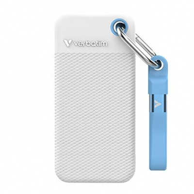 SSD Externí Verbatim Pocket SSD letní edice, 32321, 2000GB, bílý, obsahuje 2x gumový kryt (bílý a světle modrý), USB C