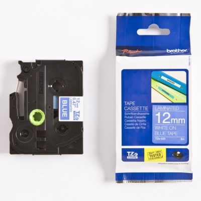 Brother TZ-535 / TZe-535, 12mm x 8m, bílý tisk / modrý podklad, originální páska
