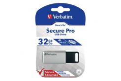 Verbatim USB flash disk, USB 3.0, 32GB, Secure Pro, Store N Go, stříbrný, 98665, USB A, AES 256-bit šifrování