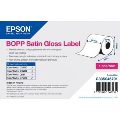 Epson C33S045701 BOPP Satin Gloss, pro ColorWorks, 220mmx750m, polypropylen, bílé samolepicí etikety